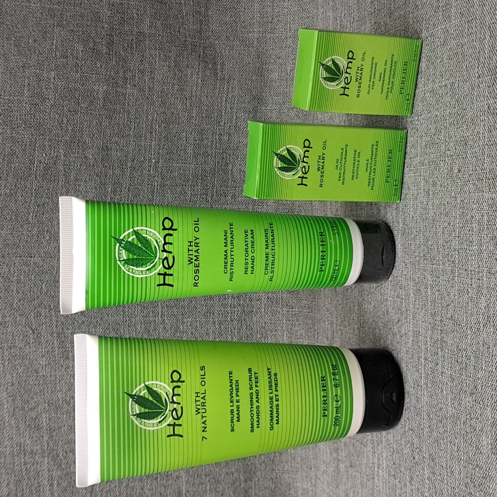 4 Piece Perlier Hemp Hand Care Set Restorative Cream Cuticle Oil Smoothing Scrub